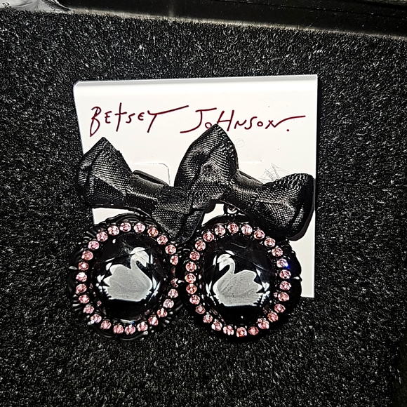 Betsey Johnson Jewelry - Betsey Johnson Black Bow & Vintage Look Swan Picture Frame Drop Earrings NWT